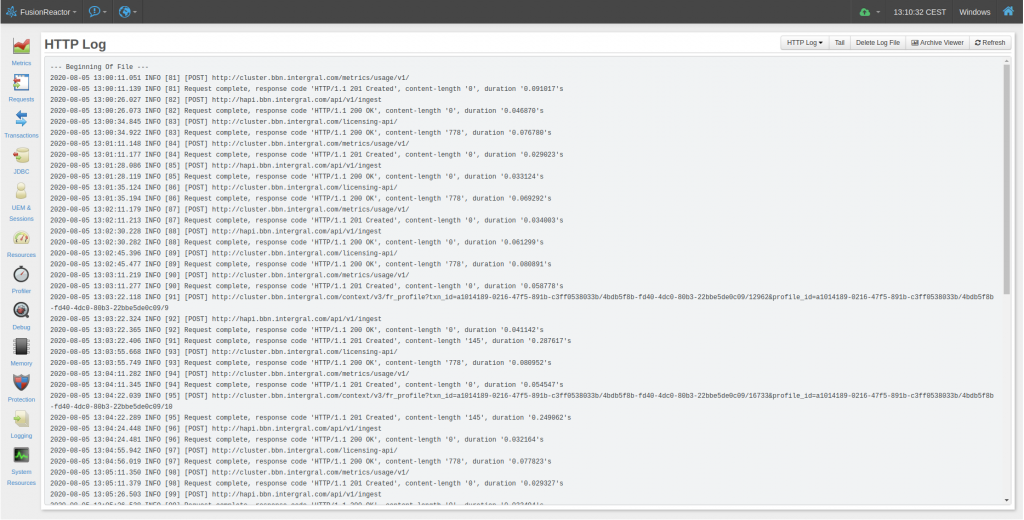FusionReactor live logs